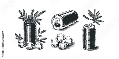 Drink can with ice cubes and plant sprigs