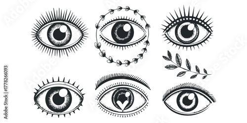Six Stylized Black and White Eyes with Celestial Rays and Floral Accents