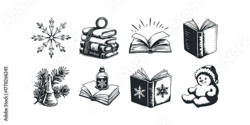 Winter themed drawings of snowflake, books, and teddy bear
