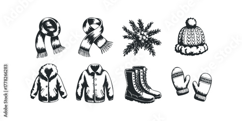Collection of hand-drawn winter clothing and accessories