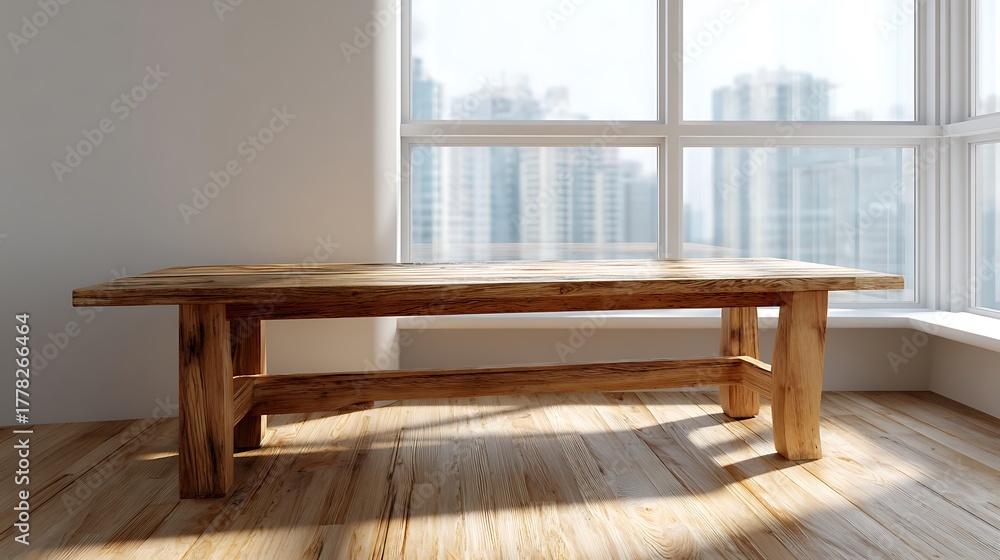 Fototapeta premium Wooden Table Interior with Large Window and Cityscape Background