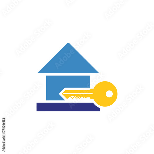 Blue house with golden key represents real estate opportunity and home ownership on white backdrop, symbolizing security and new beginnings.