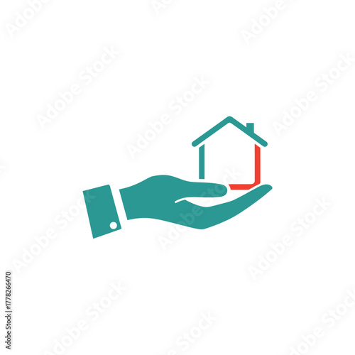 Hand holding house representing real estate investment and property ownership with modern color scheme and clean lines.