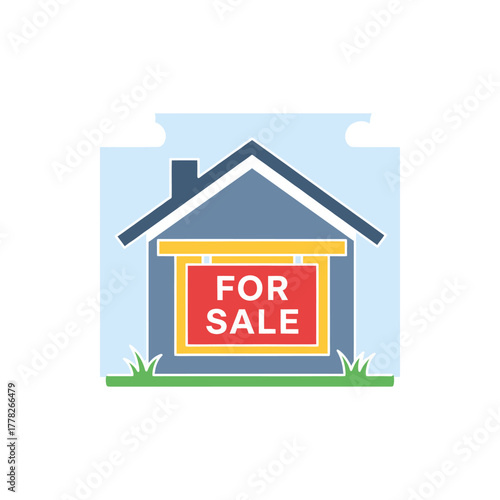 House with for sale sign stands on green lawn against a light blue sky, representing real estate market and home ownership in a simple, clean style.