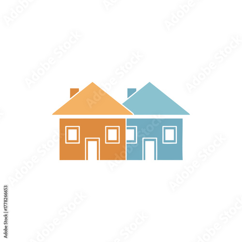 Two colorful houses stand sidebyside in a suburban neighborhood representing home ownership and community living with a cheerful and welcoming atmosphere.