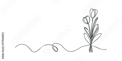 Minimalist continuous line drawing of three tulips