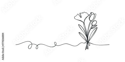 Minimalist outline bouquet of tulips and leaves