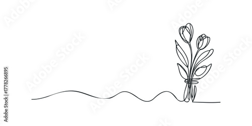 Three tulip flowers elegantly drawn with continuous black line