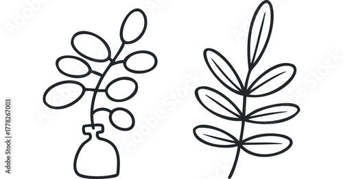 Minimalist line drawing of a potted plant and a leaf
