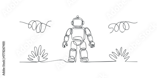 Robot figure with abstract decorative elements in single line stroke