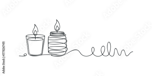 Continuous line drawing of two lit candles with connecting wick