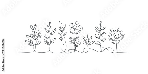 Minimalist botanical line art with six stylized plants