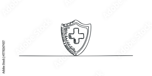 Medical Shield with Cross Symbol Continuous Line Drawing