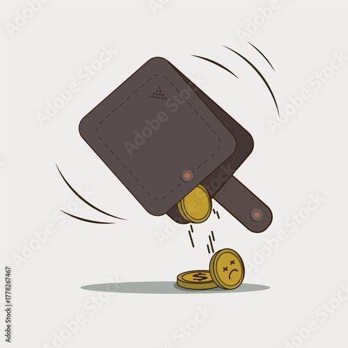 Creative vector illustration of a wallet with coins falling out, featuring a sad-faced coin symbolizing loss of money or financial struggle