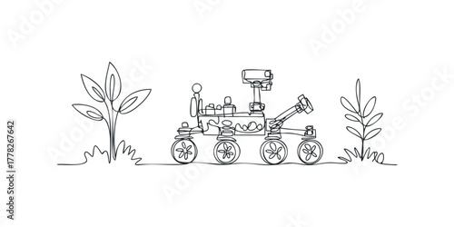 Line drawing of a rover with plants on a white background