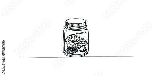 Simple continuous line drawing of a jar with tangled objects inside