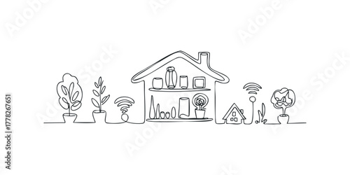 Continuous line drawing of smart home icons and plant