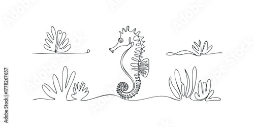 Single line drawing of a seahorse surrounded by coral