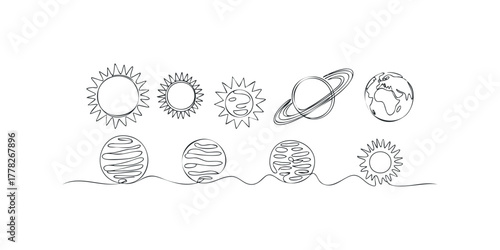Set of simplified celestial bodies in line art style