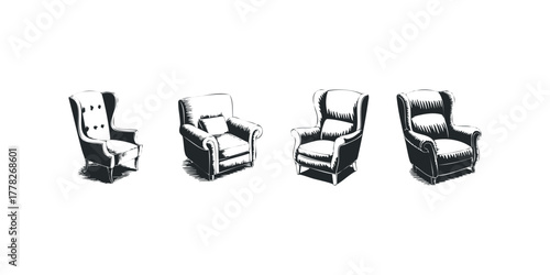 Four Distinct Armchairs Silhouetted on White Background