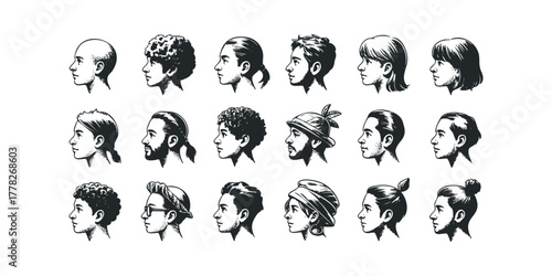 Collection of Diverse Male and Female Profile Portraits in Sketch Style