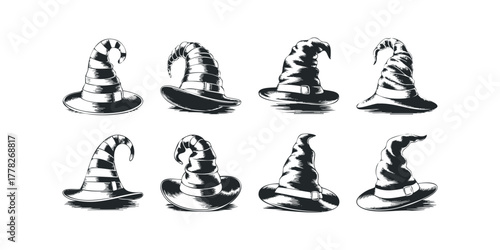 Collection of eight spooky witch hats in black and white