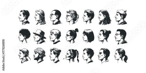 Group portrait diverse people profile views