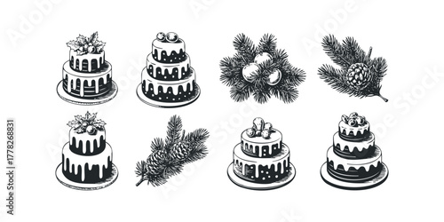 Hand Drawn Festive Cakes and Evergreen Branches Collection