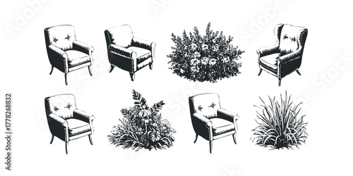 Silhouettes of Classic Armchairs and Lush Greenery