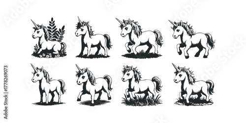 Set of Eight Mythical Unicorn Silhouettes in Various Poses