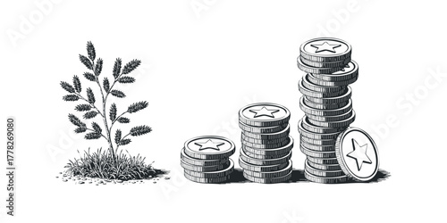 Plant growing next to stacked coins with stars