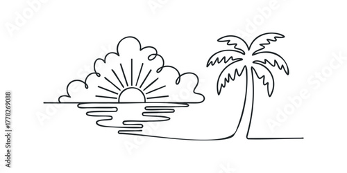 Minimalist palm tree and sun over water line art