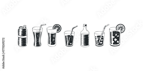 Collection of cold beverages in glasses and a can
