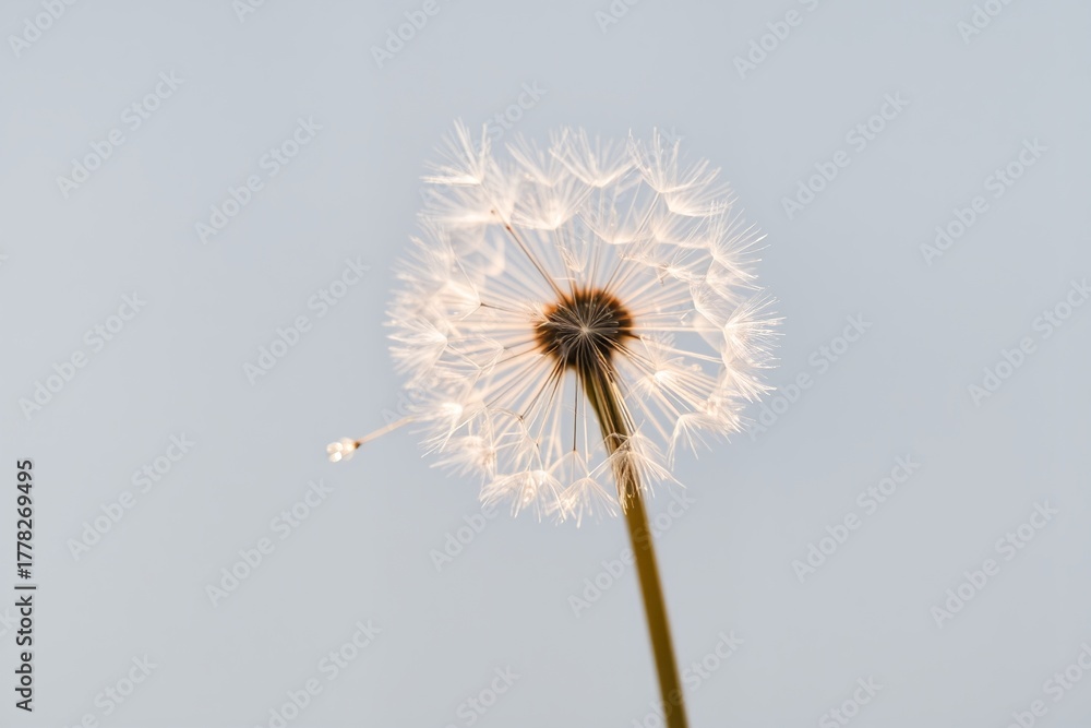 Obraz premium A delicate dandelion seed head stands tall against a soft, pale blue skyone fluffy seed has already drifted awaycapturing the quiet beauty of natures fleeting moments.