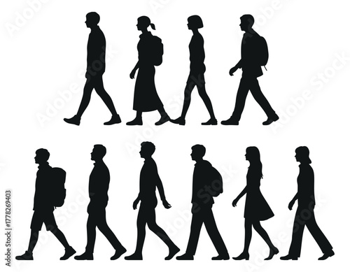 Walking People Silhouette Set.