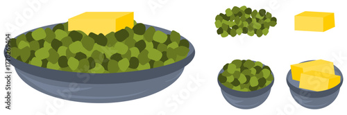 Isolated vector cartoonish food dishes with ingredients for grams with butter 