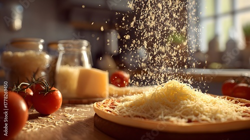 Grated cheese on pizza