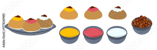 Isolated vector cartoonish food dishes with ingredients for icing bun and sweets