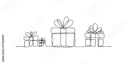 Continuous line drawing of gift boxes with bows