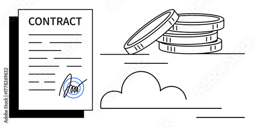 Signed contract with stacked coins and cloud outline. Ideal for finance, agreements, business deals, legal services, cloud storage, investment, or digital transformation themes. Simple flat metaphor