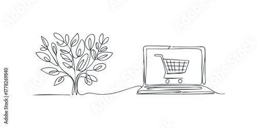Continuous line drawing of tree and laptop with shopping cart