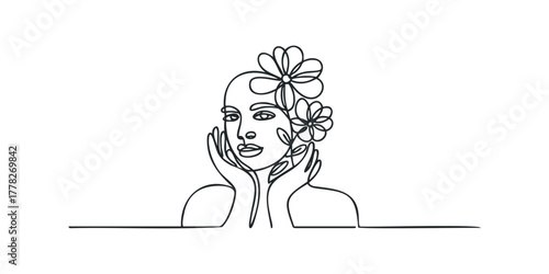 Minimalist woman face with flowers line art