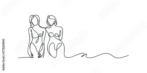 Continuous line drawing of two female figures in swimwear