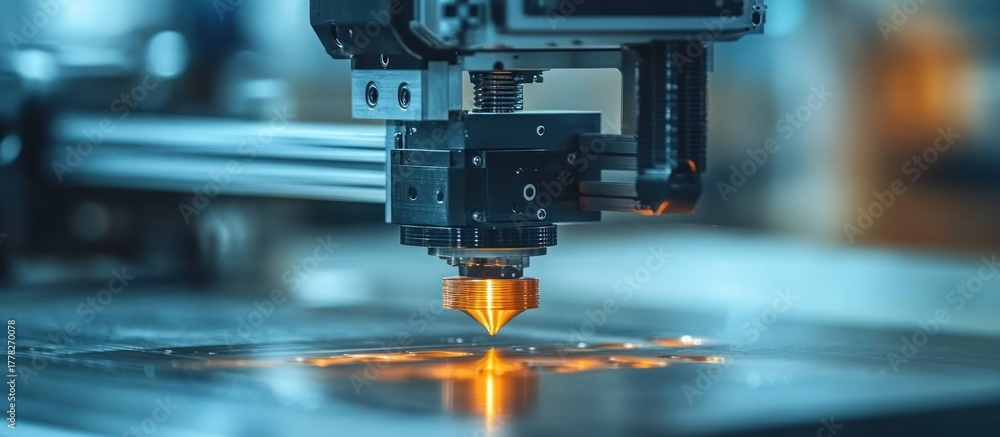 Fototapeta premium Close-up of industrial 3D printer nozzle during operation.