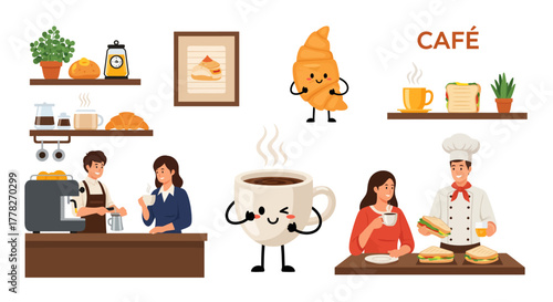 Illustration of a cafe with people, food, and drinks in a cartoon style.