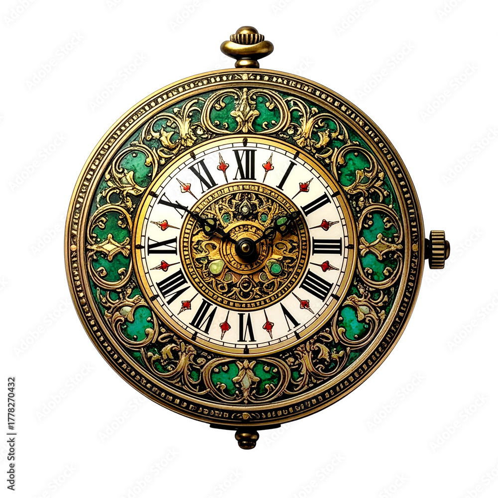 Obraz premium Antique Baroque Clock Face with Emerald Filigree