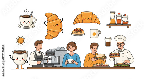 Cartoon illustration of a coffee shop with smiling food and people.