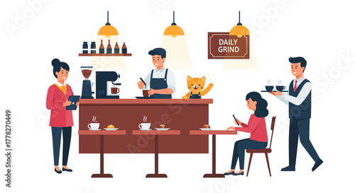 A bustling coffee shop scene with a barista, waiter, customers, and a cat mascot behind the counter.