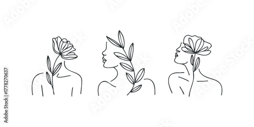 Minimalist line art portraits with floral elements