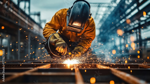 Welder working on a metal bridge construction